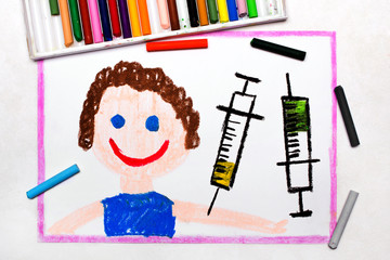 Colorful drawing: Child vaccination. Smiling boy and syringe. Protective vaccination
