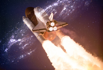 Spaceship taking off on a mission throw the warmhole portal in outer space. Elements of this image...