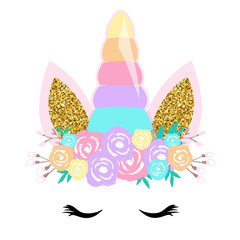  Cute unicorn vector graphic design. Cartoon unicorn head with flower crown illustration	