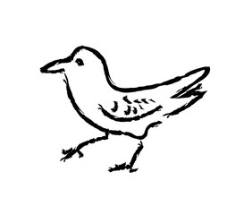 Rough textured line sketch of a walking crow isolated on white background. City bird doodle. Ornithology logo. Artistic illustration of a standing raven.