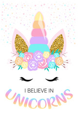 Happy unicorn face vector with ears in golden glitter and flower crown illustration © kikinunchi