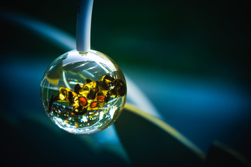 A Crystal ball with some leaf inside, dark surrounding. Clear ball reflected green park outside. 