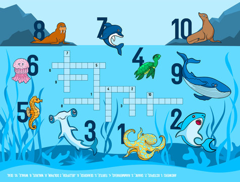 Children's crossword "Inhabitants of the seas and oceans" with the image of marine animals. Vector