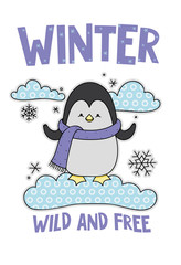 Cute penguin on a cloud cartoon hand drawn vector illustration. Can be used for t-shirt print, kids wear fashion design, childrens pyjamas, baby shower, invitation card, poster. Wild and free.