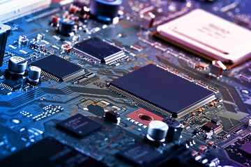 Electronic circuit board close up.