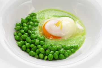 tear peas with poached egg, spanish basque cuisine