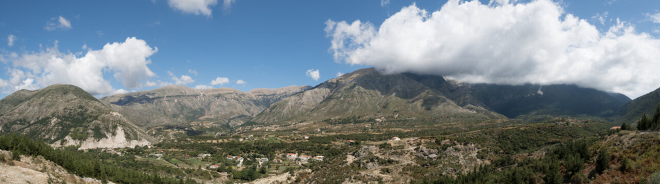 Panorama view of the Mountain ridge between the city of Dukat and Mount Cika beside the Llogara national park in Albania