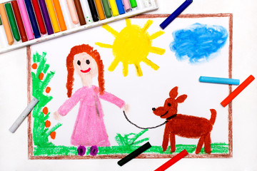 Colorful drawing: Young girl in pink dress walking dog.