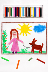 Obraz na płótnie Canvas Colorful drawing: Young girl in pink dress walking dog.