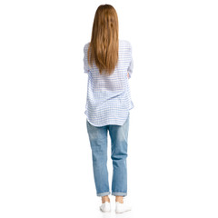 Fototapeta premium Woman in blue jeans and shirt on white background isolation, back view