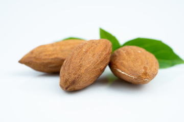 Almond and leaf on white background
