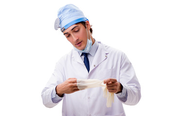 Young handsome doctor otolaryngologist isolated on white 