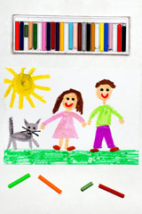 Obraz na płótnie Canvas Colorful drawing: Happy couple and cute cat