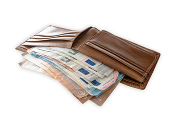 high angle view of paper money in leather wallet isolated on white background