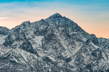 Tatra mountains landscape, winter sunrise over Lodowy Szczyt