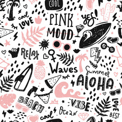 Summer seamless pattern with doodle icons and lettering. Modern wallpaper decoration with surf board, sun, watermelon , waves