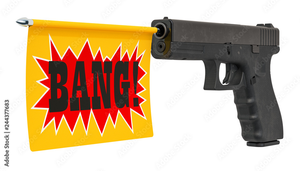 Poster gun with a bang flag. 3d rendering