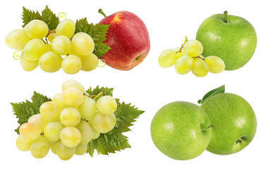 Fresh grapes and apples isolated on white background with clipping pass