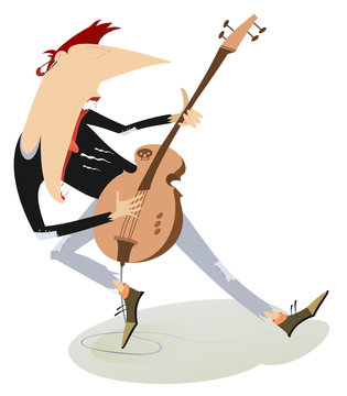 Cartoon guitar player isolated illustration. Expressive guitarist is playing music and singing with the great inspiration black on white illustration
