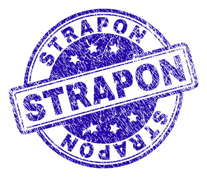 STRAPON stamp seal imprint with grunge texture. Designed with rounded rectangles and circles. Blue vector rubber print of STRAPON caption with corroded texture.