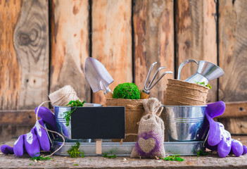 Gardening tools, pots and utensils on rustic wooden background, with a chalk board
