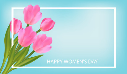 Spring blue Background with Tulips. March 8 International Women's Day greeting card template with flowers. Vector