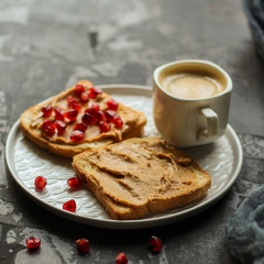 sandwich, pomegranate, peanut butter (sweet snack). Top Food background