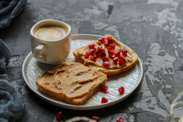 sandwich, pomegranate, peanut butter (sweet snack). Top Food background
