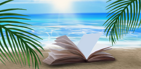 An open book on the beach, a branch of palm trees. Stories about the sea and rest. Illustration of seascape and open book.