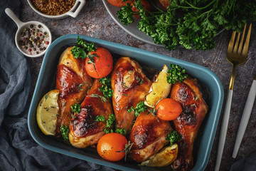 baked chicken legs in a barbecue sauce with tomatoes, top view