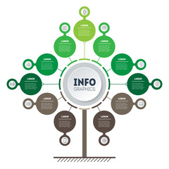 Business presentation concept with 11 options, parts, steps or processes. Vertical Timeline infographics. Tree of development and growth of the eco business. Infographic of tendencies.