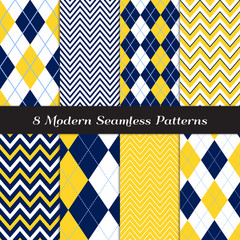 Navy Blue, Yellow and White with Baby Blue Accent Lines Argyle and Chevron Vector Patterns. Preppy Nautical or Golf Backgrounds. Royal Blue & Gold. Repeating Pattern Tile Swatches Included.