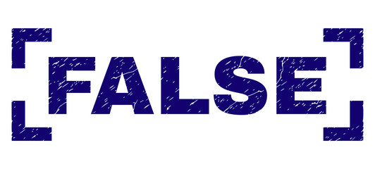 FALSE text seal print with corroded texture. Text label is placed inside corners. Blue vector rubber print of FALSE with dust texture.