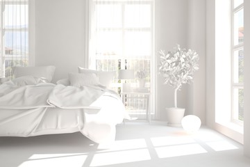 White modern bedroom. Scandinavian interior design. 3D illustration