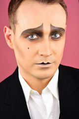 Portraying the inner feeling. Theatrical performance art and pantomime. Theatre actor miming. Mime...
