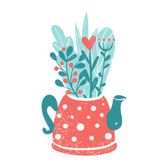 Clipart for Valentine's day and wedding. Cute teapot with bouquet of flowers. Spring flowers in the pot isolated on white background