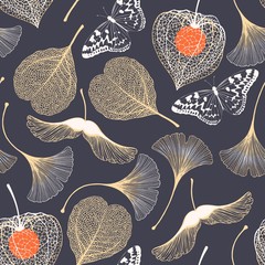 Seamless floral pattern with ginkgo biloba leaves - obrazy, fototapety, plakaty
