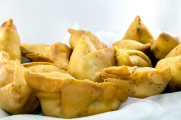 Vegetarian samosas filled with potato and green pea.Indian special traditional street food