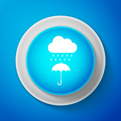 Cloud with rain drop on umbrella icon isolated on blue background. Circle blue button with white line. Vector illustration