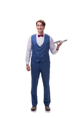 Young waiter isolated on white background