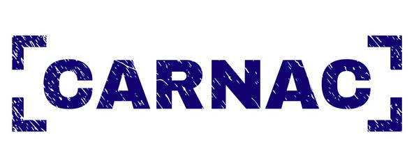 CARNAC tag seal print with corroded effect. Text tag is placed inside corners. Blue vector rubber print of CARNAC with corroded texture.