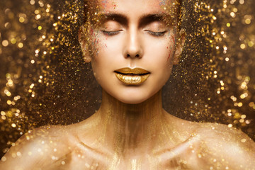 Gold Fashion Makeup, Art Beauty Face and Lips Make Up in Golden Sparkles, Woman Dreams