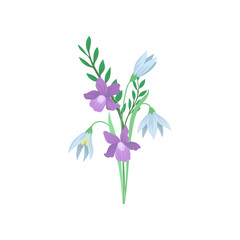 Gorgeous bouquet of blue snowdrops and purple crocuses. Spring flowers. Nature theme. Flat vector design