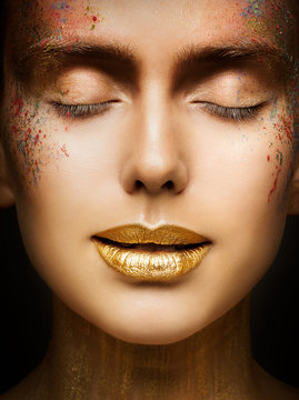 Fashion Art Makeup, Creative Beauty Face Lips Make Up, Gold Lipstick Closed Eyes in Color Dust Paint