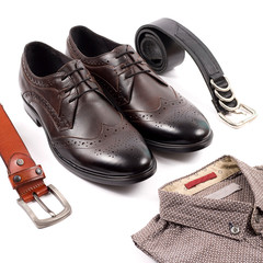 Men's casual outfits for man clothing set with brown shoes, belt, shirt isolated on a white background