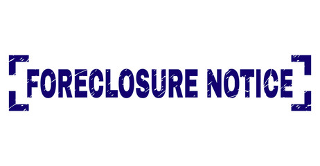 FORECLOSURE NOTICE tag seal watermark with distress texture. Text tag is placed between corners. Blue vector rubber print of FORECLOSURE NOTICE with retro texture.