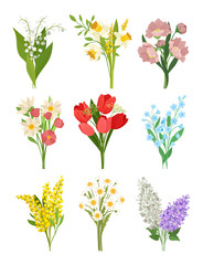 Flat vectoe set of cute spring bouquets. Beautiful flowers. Nature and flora theme. Design for greeting card