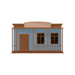 Small western house with blank signboard. Facade of old wooden building. Architecture theme. Flat vector icon