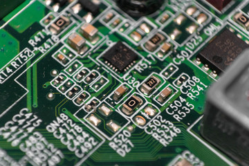 Computer Circuit Board/Motherboard. Resistors with CPU and heat sinks. Concept of data, hard drive. Technology Background