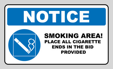Smoking permited in this place icon. Smoking area. Round blue sign with white pictogram and black text.  illustration isolated on white. Mandatory symbol for public places and outdoors. Notice.